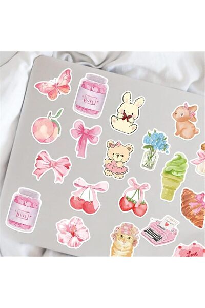 KASTWAVE 50PCS Coquette Aesthetic Pink Stickers - Waterproof Vinyl with Bear, Sheep, Rabbit, Cat | Bowknot Gr