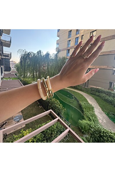 Xui Yeni Sezon 3lü Esnek Akrilik Bileklik Seti Orta Kalınlık(Krem/Gold/Gold D...