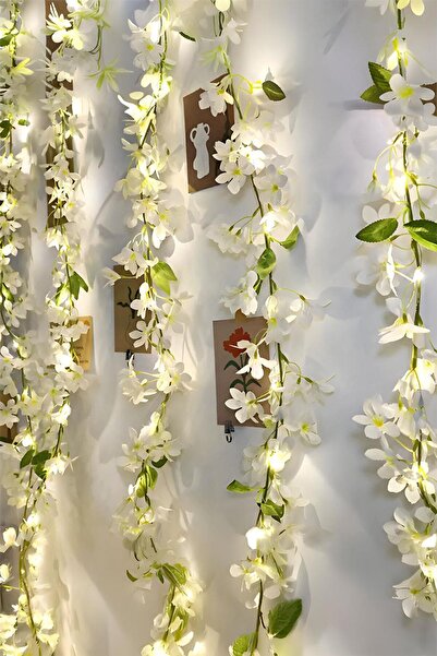 Saule Beyaz Kiraz Çiçeği ve 3 Metre LED Işık Seti - Yapay Sarmaşık Çiçek - Sö...