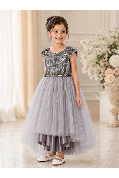 Generic Brand Luxury Gray Glittering Silver Baby Girl Dress for Wedding and B...