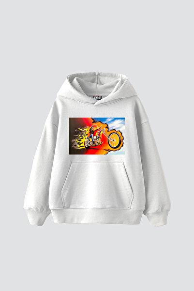 Sekizbiraltı Ghost Rider Printed Oversize Unisex White Hoodie