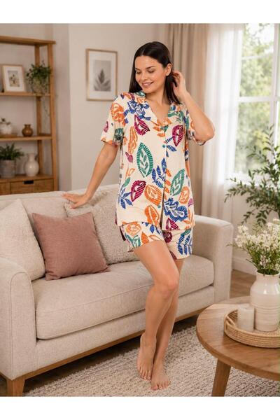 İpek Women's Short Sleeve Front Buttoned Leaf Pattern 100% Cotton Shorts Paja...