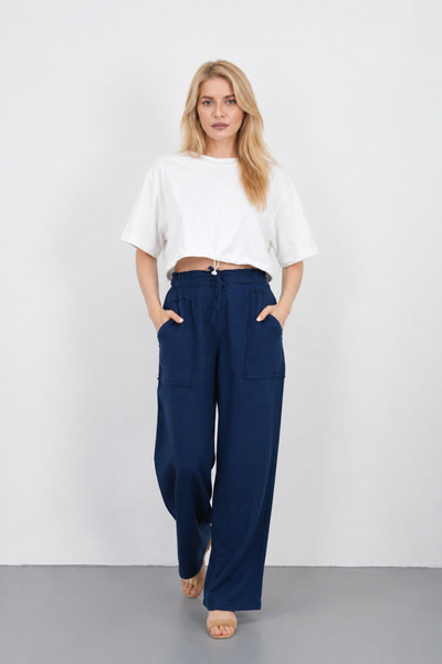 saint majesta Women's Elastic Waist Palazzo Trousers with Pocket Detail, Comfortable