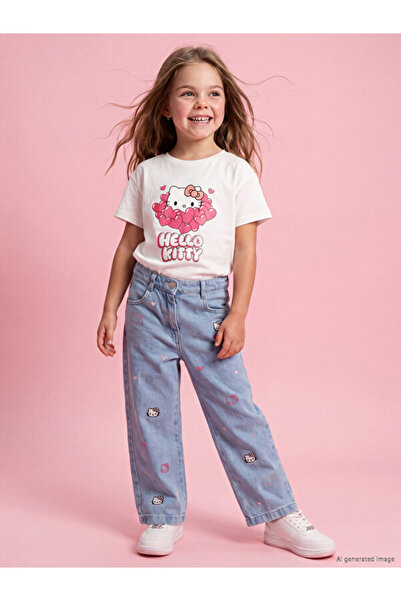 LC Waikiki Sparkling Choices Wide Leg Hello Kitty Embroidered Girls' Jean Pan...