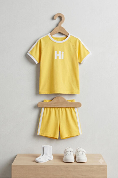 ZARİNA Children's Unisex 100% Cotton Hi Printed Summer Set-Blue