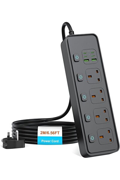 HITRENDS وصلة تمديد كهربائية رباعية المنافذ مع منافذ USB، قابس بريطاني ثلاثي ...
