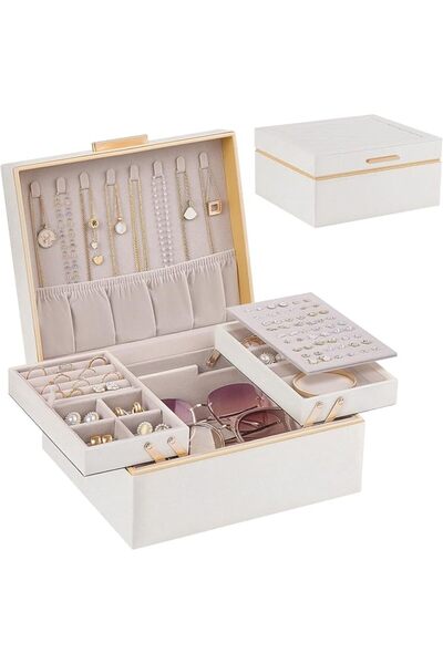 Lolalet 2-Layer Jewelry Box Organizer for Women, Large PU Leather Jewelry Cas...