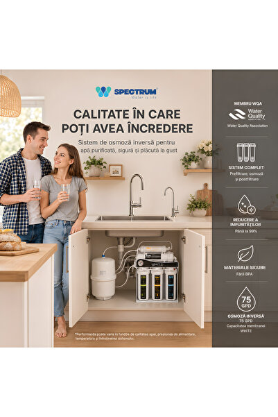 SPECTRUM WATER Sistem osmoză inversă premium WHITE Series, 5 stadii, 75 GPD, fără pompă, cu rezervor, baterie și tester calitatea apei