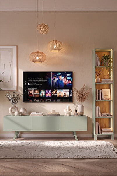 Yurudesign Puda 3 Kapaklı Tv Ünitesi Neon Ledli Kitaplık Seti 180cm Ahşap Aya...