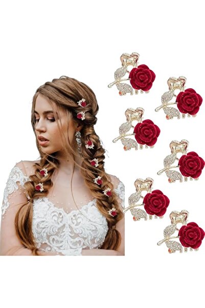 Tazweeq 6 Pcs Mini Rose Metal Hair Clips, Velvet Red Rose Rhinestone Hair Cla...