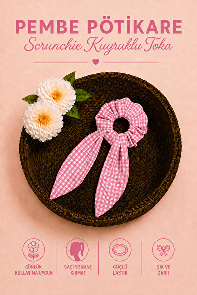 Hophera Pink and White Gingham Tail Scrunchie with Strong Elastic Hair Clip