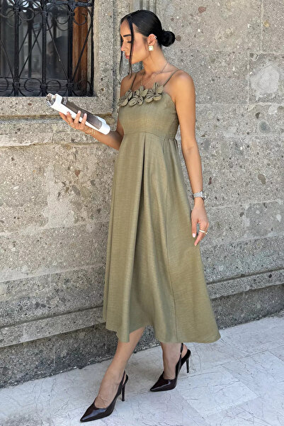 Aryena Khaki Women's Adjustable Strap Dress with Rose Figure