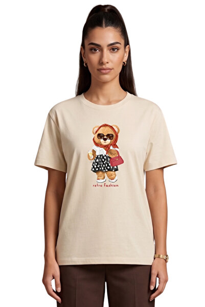 DK DAKSEL Women's Beige Retro Teddy Bear Printed T-Shirt Comfortable Fit 100%...