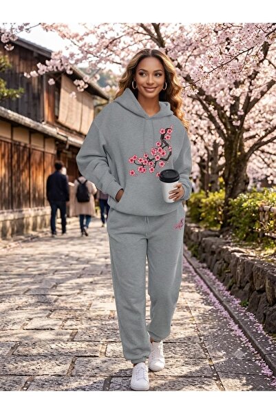 WOODROFFE Women's Sakura Printed Oversize Hooded Tracksuit Set Casual