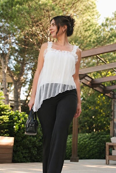 armonika Women's White Strappy Ruffled Hem Asymmetrical Lined Gathered Tulle ...