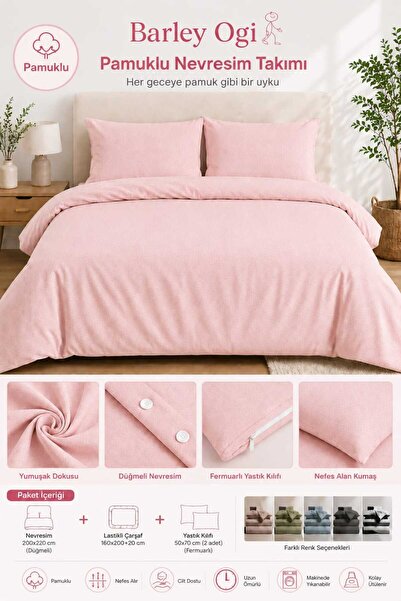 Barley Ogi Cotton Double Duvet Cover Set 200X220 Pink
