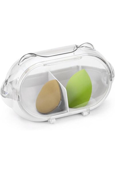 Tazweeq Transparent Dust-Proof Makeup Sponge Holder with Flip Lid, 2 Grid Bat...