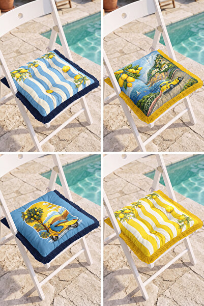 Realhomes Lemon and Wave Striped Mediterranean Style 4-Piece Fringed Pouf Cha...