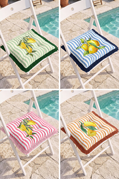 Realhomes Lemon Figured Striped Mediterranean Style 4-Piece Fringed Pouf Chai...