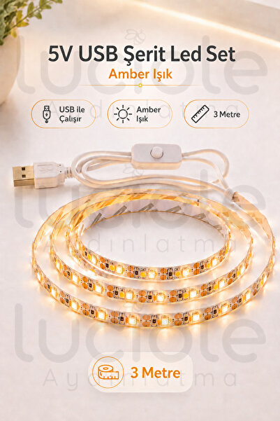 luciole 3 Metre 5V USB Amber Şerit LED Anahtarlı Mutfak Tezgah Altı TV Masa K...