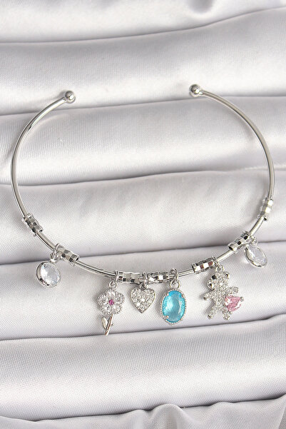 SORA GROUP Brass Silver Color Dangle Zircon Stone Teddy Bear Figure Flower De...