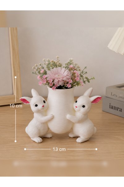 prime country Sevimli Tavşanlar Dekoratif Mini Vazo – Masa ve Raf Süsü, 13 × 10 cm