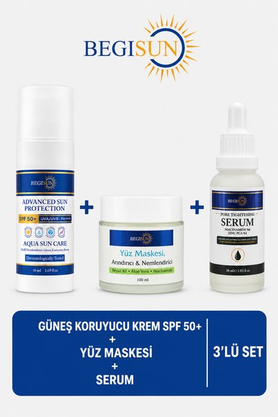 BEGISUN مجموعة العناية بالبشرة المكونة من 3 قطع: واقي من الشمس SPF 50+، قناع ...