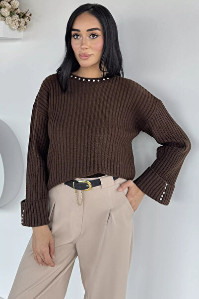 Aryena Brown Women's Stone Embroidered Self-Patterned Knitwear Sweater