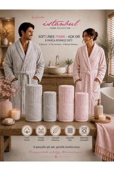 İyi Geceler İstanbul SOFT LİNEN AİLE BORNOZ SETİ PEMBE-AÇIK GRİ