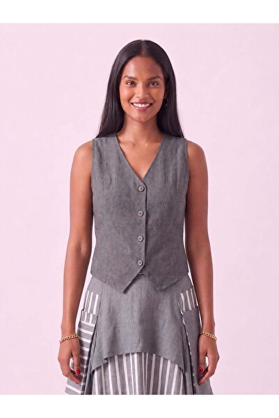 Bold & Young Women's Gray V-Neck 4-Button 100% Cotton Vest