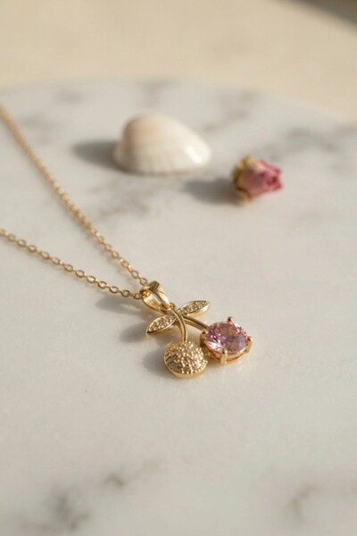 TakÇalıştır 316L Steel Chain Gold Color Pink Cherry Model Necklace