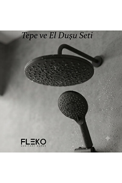 KAVİTİCARET Fleko Siyah Renk Tepe Duş Başlığı ve El duşu ( İkili Başlık)