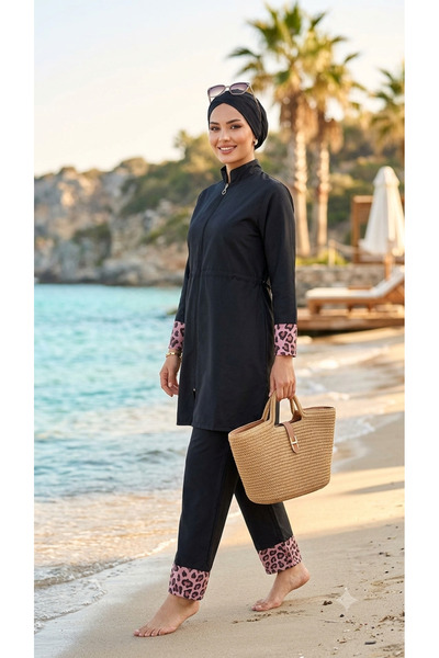 dilberfashion ملابس سباحة نسائية كاملة التغطية بتفاصيل جلد الفهد باللون الأسو...