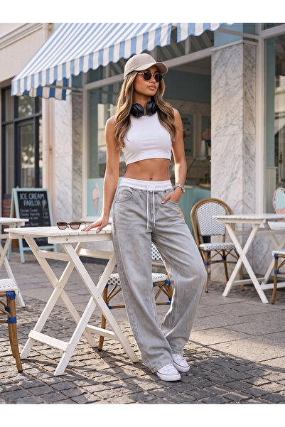 comfort jeans Γκρι παντελόνι με ραβδώσεις, λευκό ελαστικό στη μέση, φαρδιά μπ...