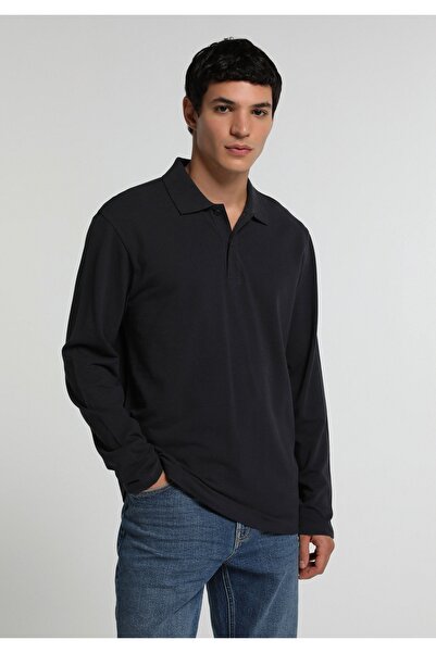 Colin's Regular Fit Polo Collar Plain Men's Navy Blue Long Sleeve T-Shirt
