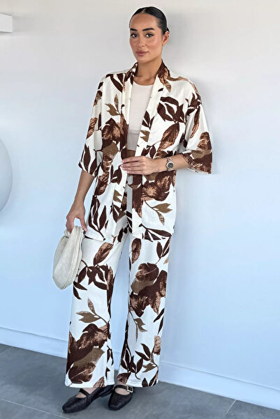 Aryena Brown Women's Patterned Kimono Pants Double Set