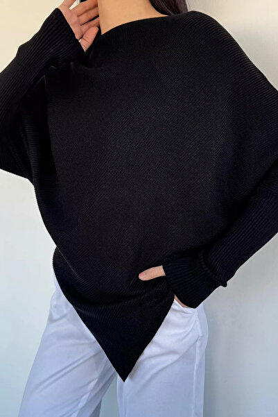 Aryena Black Asymmetrical Cut Knit Sweater