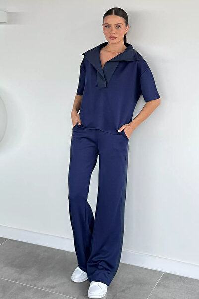 Aryena Navy Blue Women's Polo Collar Blouse and Elastic Waist Pants Two-Piece...