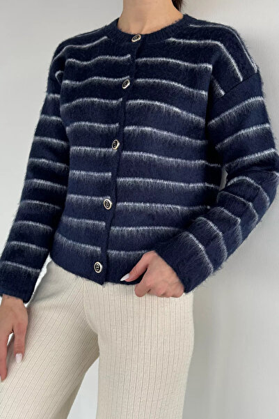 Aryena Navy Blue Women's Striped Patterned Knitwear Cardigan