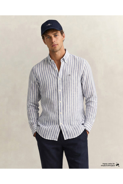 Gant Erkek Mavi Regular Fit Çizgili Logolu Gömlek