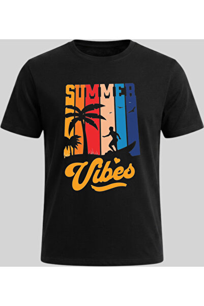 Nazlyna Black 100% Cotton Retro Surfer and Palm Tree Printed Unisex T-Shirt -...