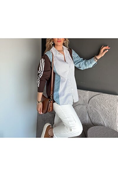 Lavanta Tekstil Design Jean Garnished Detailed Striped Shirt