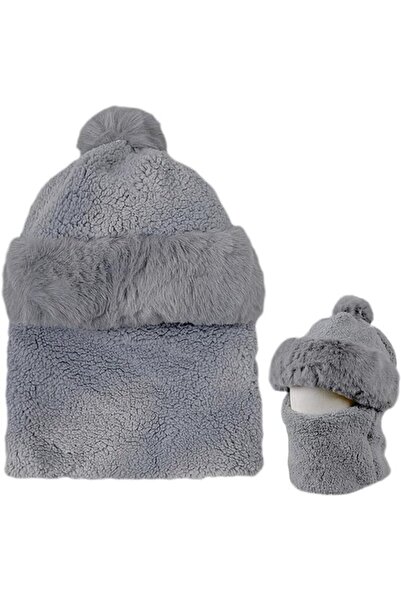 STARSTAR 3-in-1 women's knit hat gray hooded scarf windproof earflap.