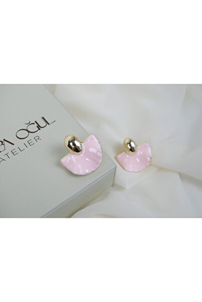 ATELİER TUĞBA Kp645 Powder Pink Leaf Shape Gold Detail Earrings (30 mm)