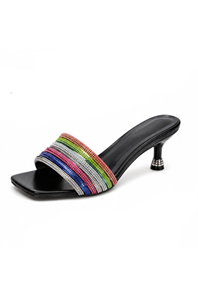 Generic Brand Women's Iridescent Crystal Strap Square Toe Thin Heel House Sli...