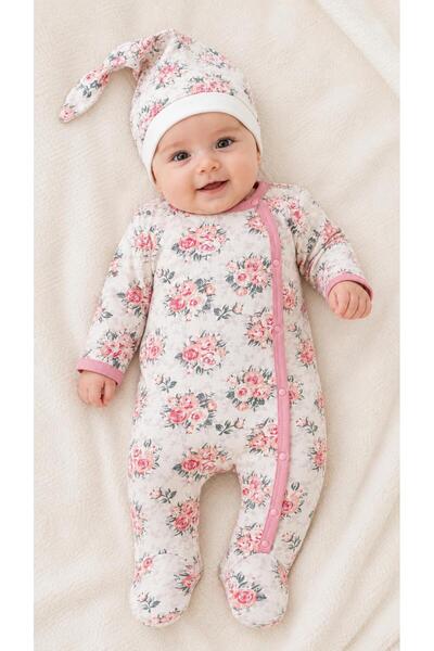 Oz Baby Baby Girl 2-Piece Floral Patterned Romper with Booties and Hat Set 0-...