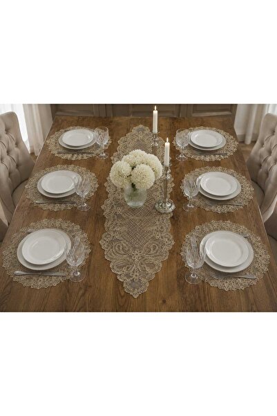 Lena Maison French Lace Runner and Supla Set for 6 People Gold Glitter Mink