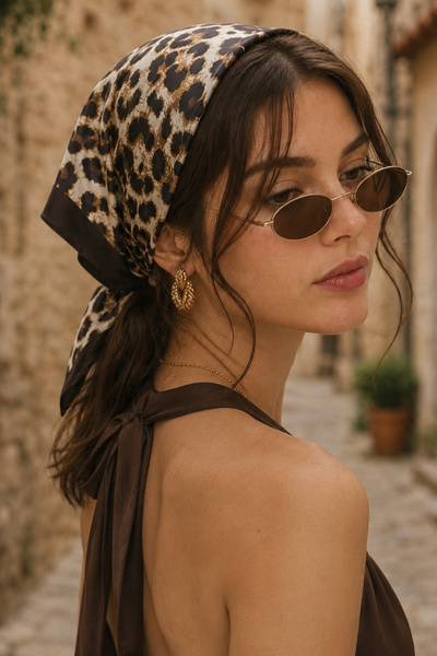AFVENTE Leopard Pattern Black Beige Satin Bandana Scarf 50×50 cm