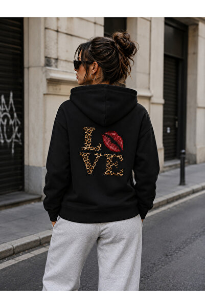 Harmandar Leopard Kiss Printed Black Kangaroo Pocket Hooded Sweatshirt Hoodie