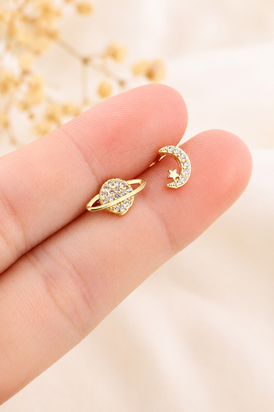 TREND COLLECTİON Women's Gold Moon, Star and Planet Figured Minimal Stone Earrings